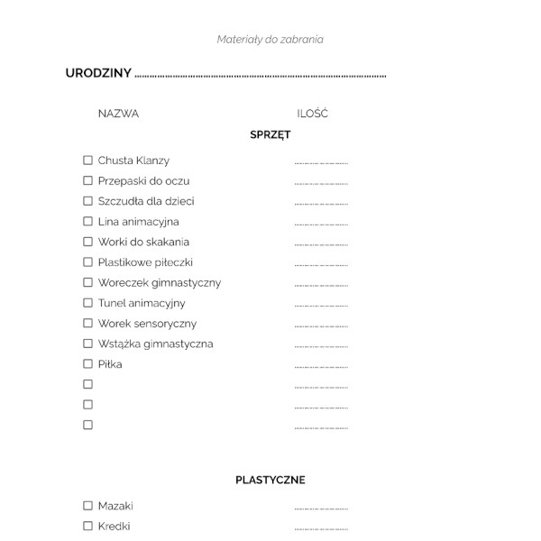 Materiały do zabrania - podglad